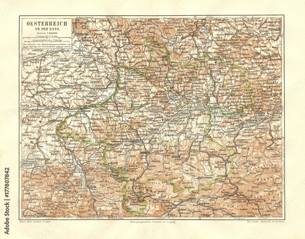 Fototapeta premium Map of Austria-Hungary above the river Enns (from Meyers Lexikon, 1896, 13/328/329)