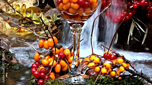 glass with berries and a waterfall
