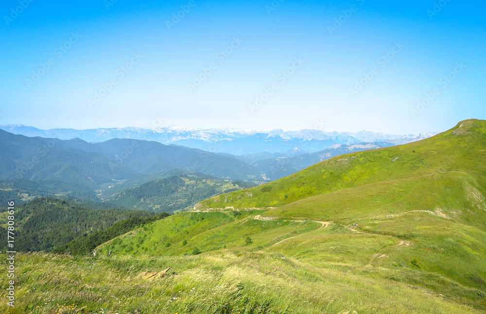 Naklejka premium View of mountain peaks and green fields covered with grass