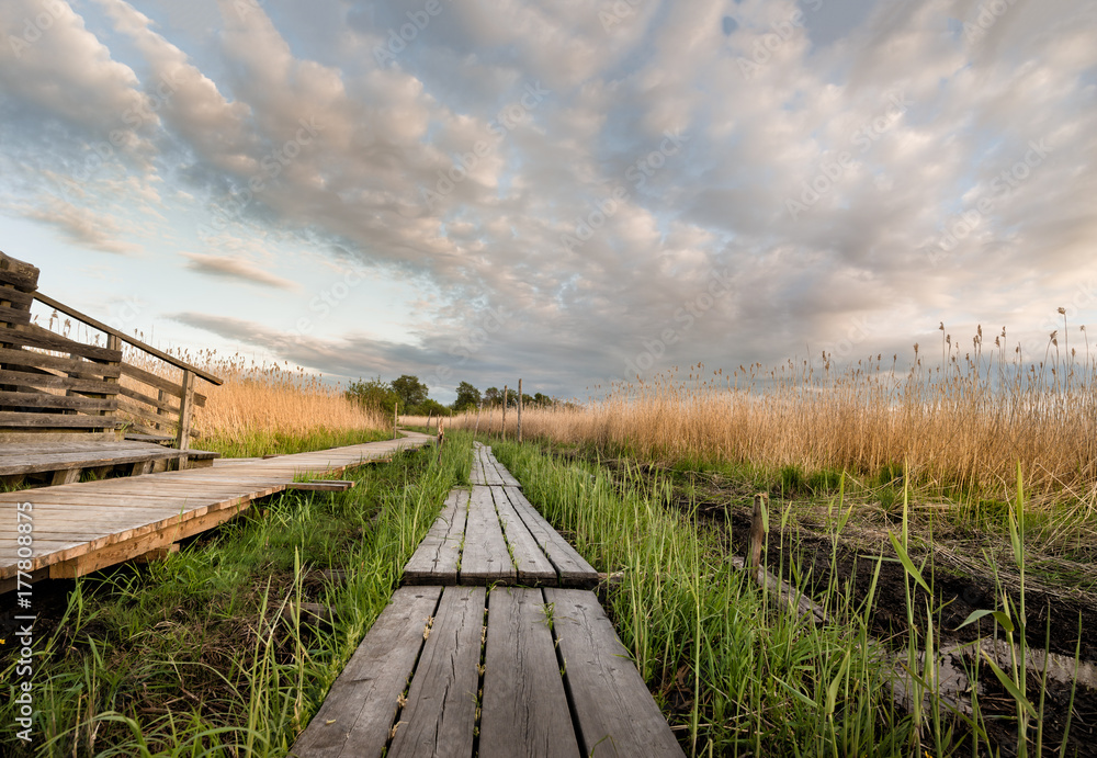 Ducboard path to the clouds. Beautifull cloudy landscape from Finland