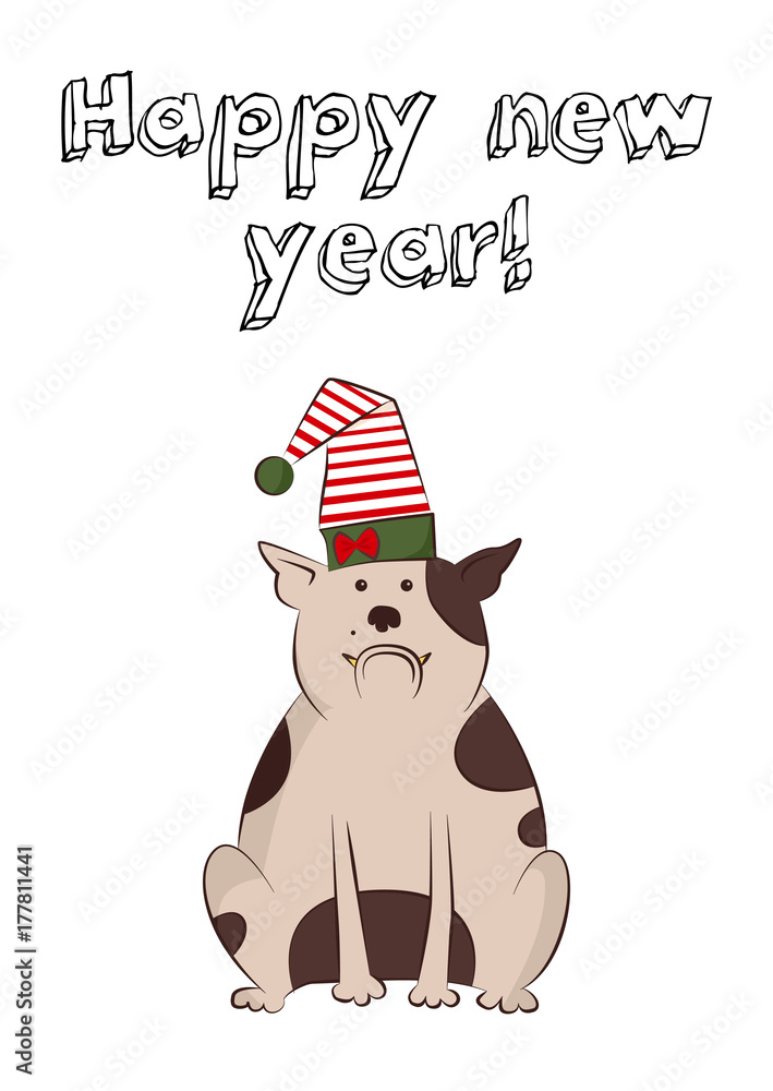 dogs in New Year's costumes. New Year symbol 2018. Greeting card with Christmas puppy on white background. Santa Claus. New Year's and Christmas. Post card. dogs in New Year's costumes. New Year symbol 2018. Greeting card with Christmas puppy on white background. Santa Claus. New Year's and Christmas. Post card.