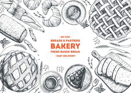 Bakery top view frame. Background template for design. Engraved food image.