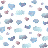 Seamless pattern of soft blue clouds painted in watercolor.
