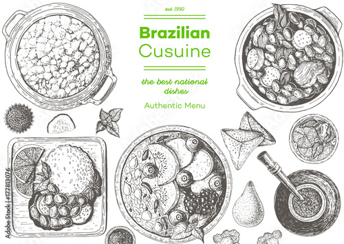 Brazilian cuisine top view frame. Brazilian food menu design with acai, feijoada, farofa, caipirinha and mate tea. Vintage hand drawn sketch vector illustration.