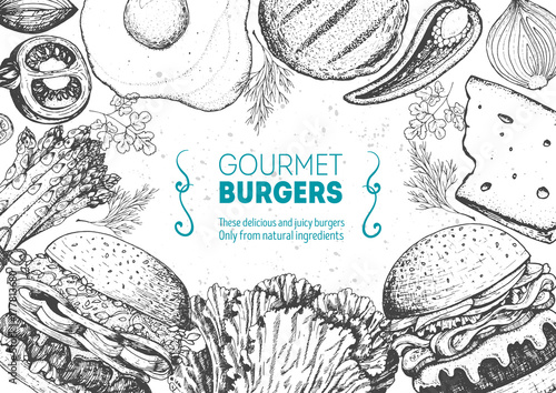 Burgers and ingredients for burgers vector illustration. Fast food, junk food frame. American food. Elements for burgers restaurant menu design. Engraved image, retro style.