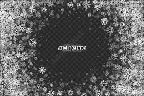 Snow Vector Frost Effect with Realistic White Winter Snowflakes Isolated on Transparent Background. Xmas Party Abstract 3D Illustration