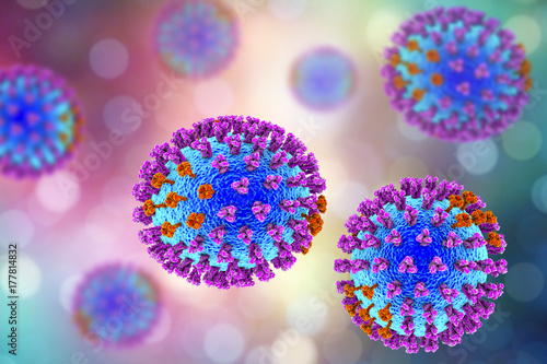 Influenza virus. 3D illustration showing surface glycoprotein spikes hemagglutinin (purple) and neuraminidase (orange) photo