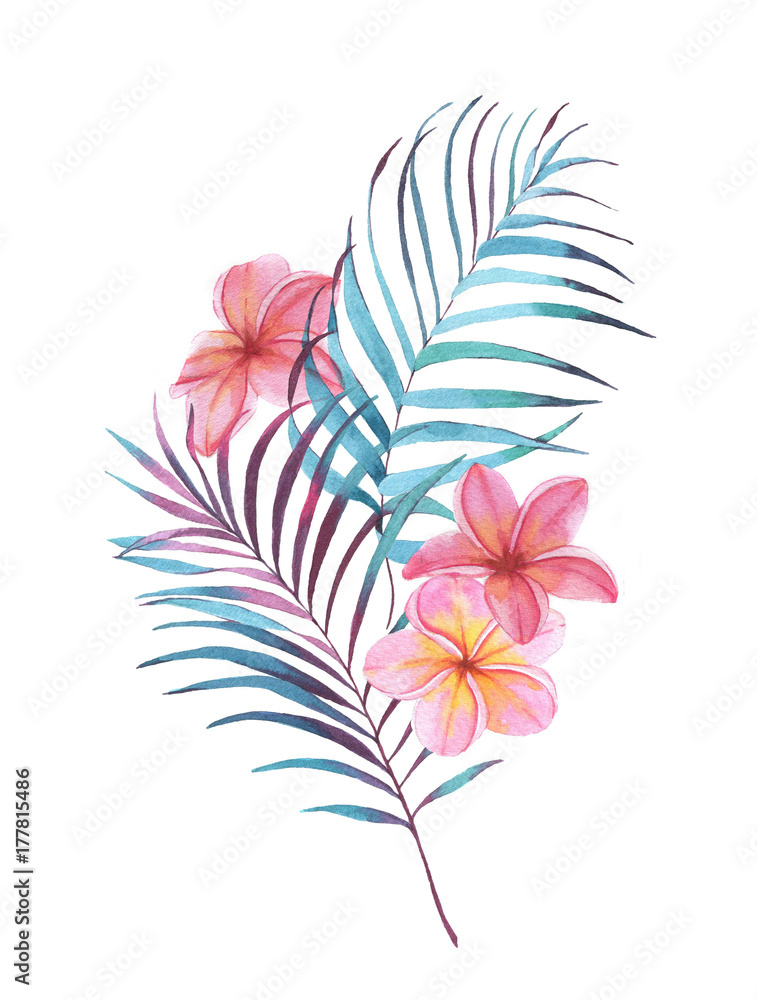Hand drawn watercolor floral illustration. Tattoo sketch template with palm  leaves and plumeria flowers. Female tattoo drawing, stylized clip art for  card, banner, poster. Stock Illustration | Adobe Stock