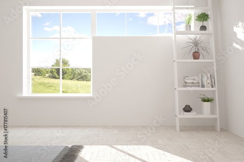 White empty room with shrlf and summer landscape in window. Scandinavian interior design. 3D illustration
