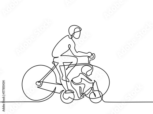 Continuous line drawing. Father with son drive bicycles. Vector illustration