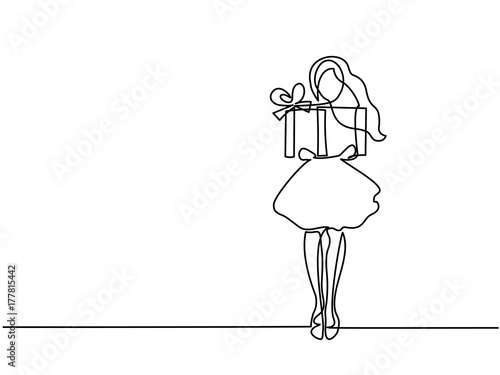 Continuous line drawing. Girl with gift in big box . Vector illustration