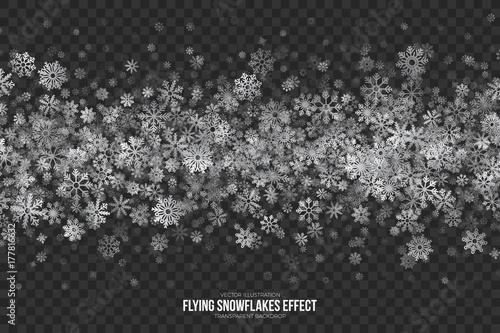 Realistic Vector Winter Silver Shimmer Flying Snowflakes Effect Isolated on Transparent Background. Merry Christmas Holidays Party Abstract 3D Illustration