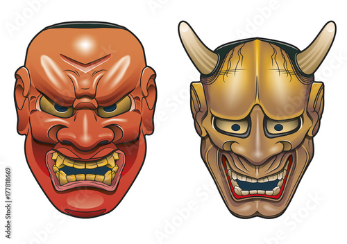 Two traditional japanese theater masks made of wood on white background