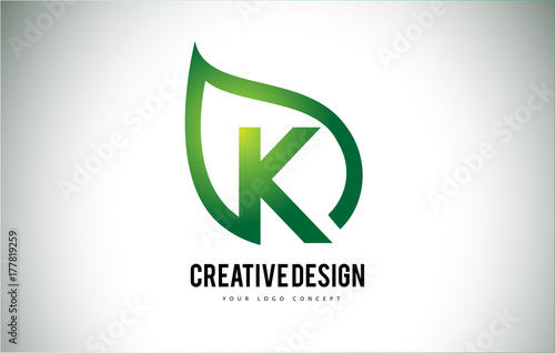 K Leaf Logo Letter Design with Green Leaf Outline