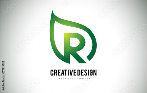 R Leaf Logo Letter Design with Green Leaf Outline