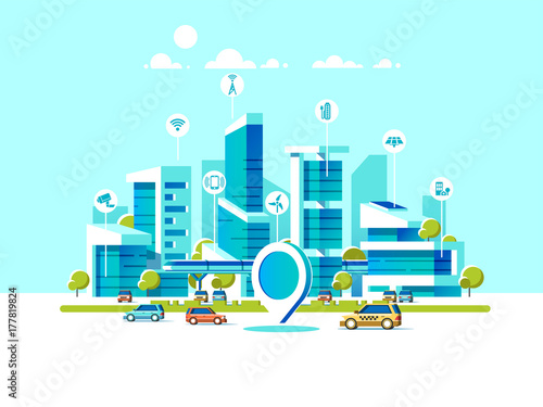 Smart city flat. Cityscape background with different icon and elements. Modern architecture. Mobile phone control.