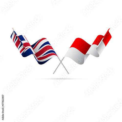 Great Britain and Indonesia flags. Crossed flags. Vector illustration.