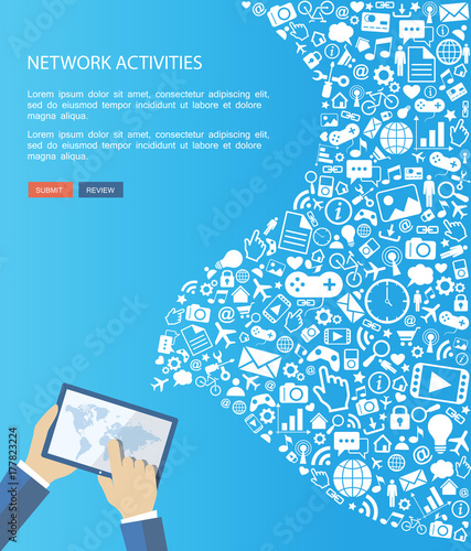 E-commerce flat banner. Hand holding device with icons.