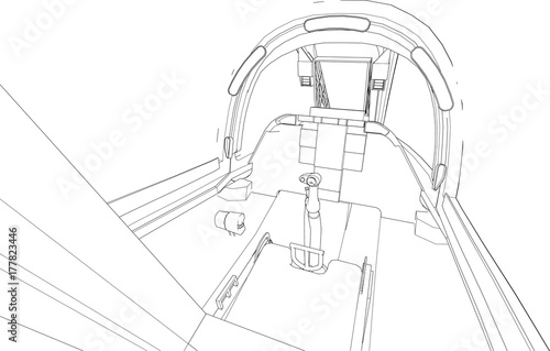 The cockpit of combat aircraft from the inside. Vector illustration in lines.