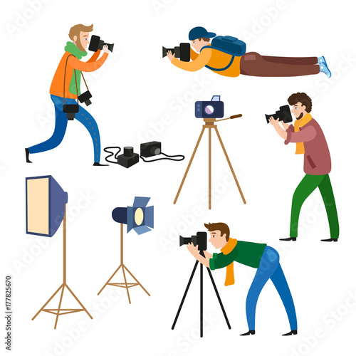 Set of photographers at work and professional equipment - camera, flash, light, reflector, tripod, flat cartoon vector illustration on white background. Professional photographers and photo equipment