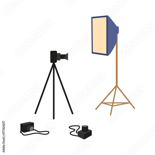 vector flat cartoon professional photo equipment set. Lens photo camera standing at special tripod stand, softbox. Isolated illustration on a white background.