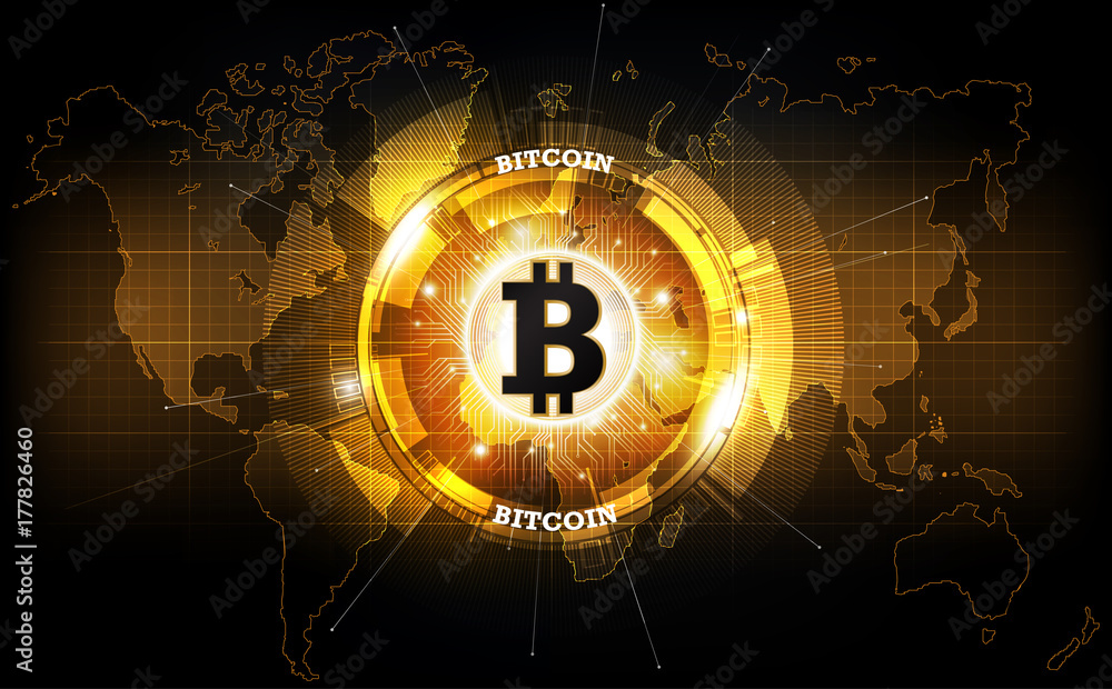 Golden bitcoin digital currency and world globe hologram, futuristic digital money and technology worldwide network concept, vector illustration Golden bitcoin digital currency and world globe hologram, futuristic digital money and technology worldwide network concept, vector illustration