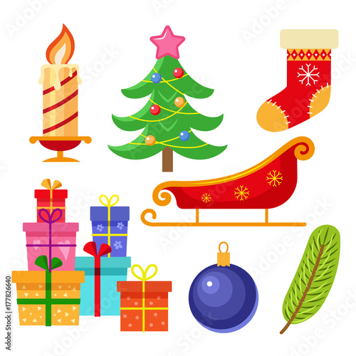 Set of flat style colorful Christmas icons - Xmas tree  stocking  present box  Santa sleigh  ball and candle  vector illustration isolated on white background. Set of flat style Christmas icons