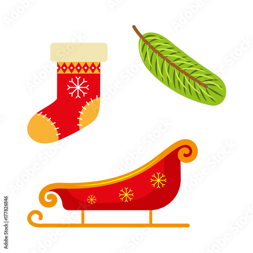 Set of flat style Christmas icons - stocking, Santa sleigh and fir tree branch, decoration elements, vector illustration on white background. Set of Christmas icons - stocking, sleigh, fir tree twig