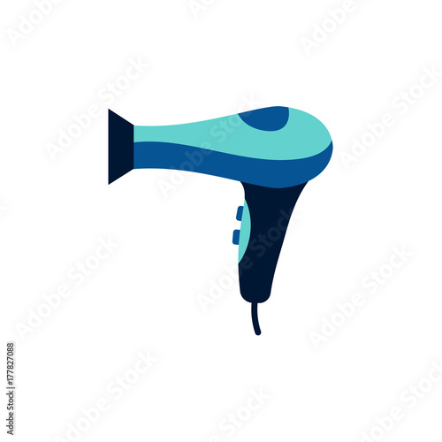 vector flat cartoon highly detailed modern hair dryer. Colored consumer electronics equipment icon image. Isolated illustration on a white background.