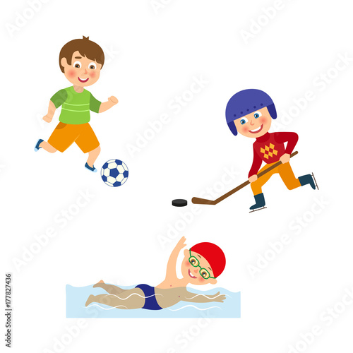vector flat cartoon funny young teen kids doing sports set. Boys playing football, hockey in uniform - helmet, protection and stick and swimming in pool. Isolated illustration on a white background.