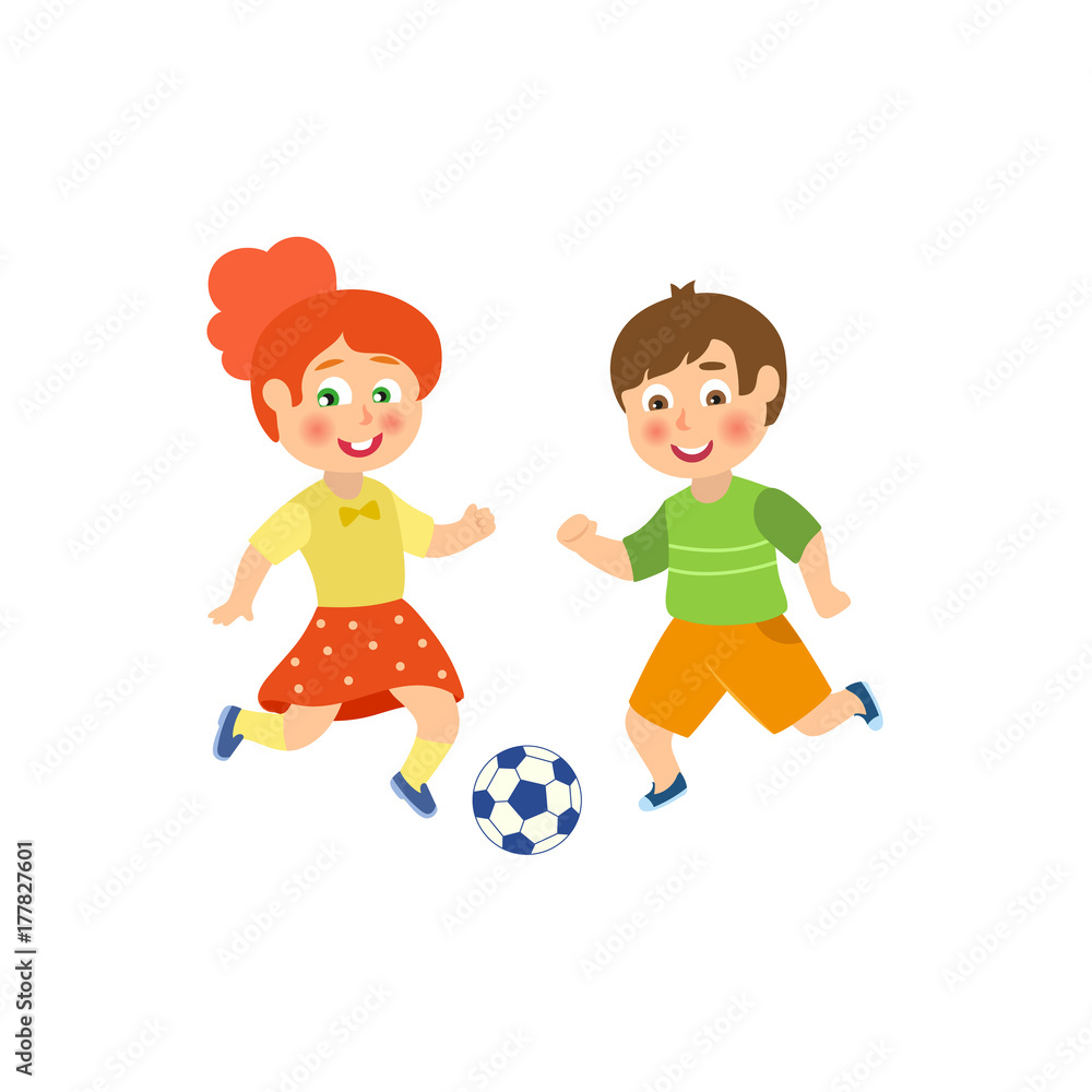 vector flat cartoon funny young teen boy and girl playing football. Male, female athletes in sport summer clothing smiling. Isolated illustration on a white background. vector flat cartoon funny young teen boy and girl playing football. Male, female athletes in sport summer clothing smiling. Isolated illustration on a white background.