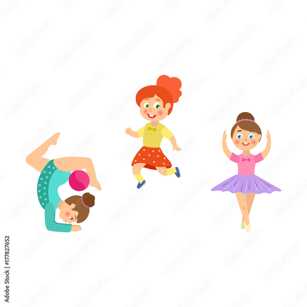 Set Of Cute Cartoon Children Or Kids, Girls And Boys, Play Sports Or Train.  Ball Game, Gymnastics, Athletic, Skateboarding. Vector Set Of Characters On  White Background. Flat And Noises Royalty Free SVG