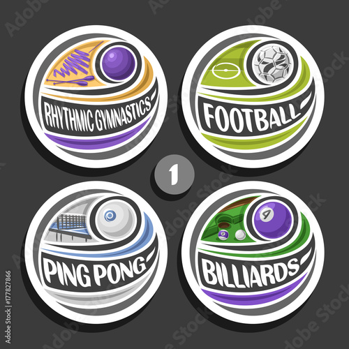 Vector set of sport logos, 4 round simple badges with flying ball on curved trajectory, circle sports signs of minimal design with games equipment, original type for words of different kind of sport.