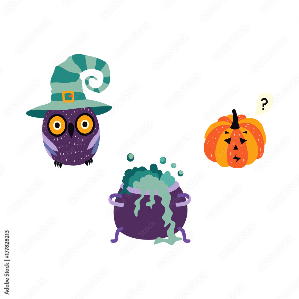 vector flat halloween autumn holiday symbols set. Pumpkin or Jack O'Lanterns, owl in witch hat, black bat and witch boiling pot cauldron with magic brew. Isolated illustration on a white background. vector flat halloween autumn holiday symbols set. Pumpkin or Jack O'Lanterns, owl in witch hat, black bat and witch boiling pot cauldron with magic brew. Isolated illustration on a white background.