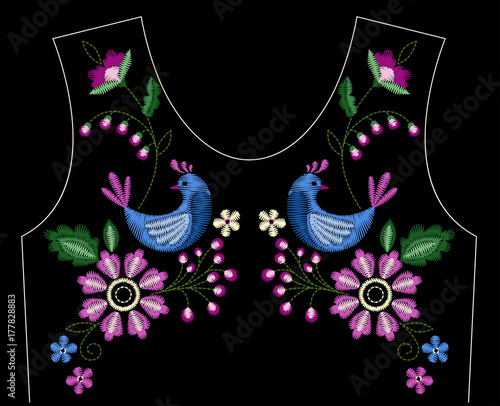 Vector design for collar t-shirts and blouses. Colorful ethnic flowers neck line. Embroidery for Fashion. Vector illustration.
