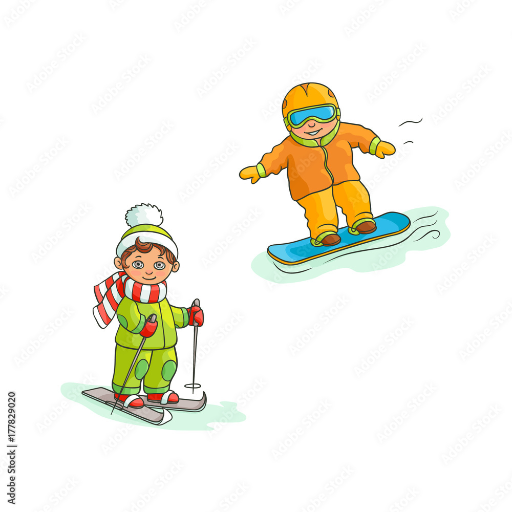 Two boys having fun in winter - skiing and snowboarding, flat cartoon vector illustration isolated on white background. Drawing of two boys, skiing and snowboarding, winter sport activities