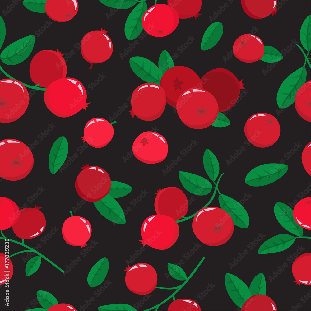 Vector seamless pattern with cartoon cranberries with green leaves Vector seamless pattern with cartoon cranberries with green leaves
