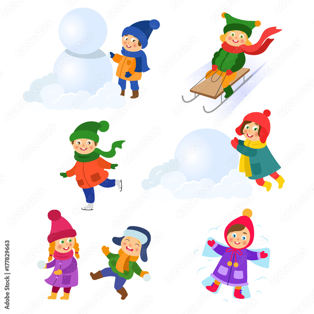 Kids, children doing winter activities - play snowballs, make snowman and snow angel, ice skate, tobogan, cartoon vector illustration isolated on white background. Kid, children winter activities set