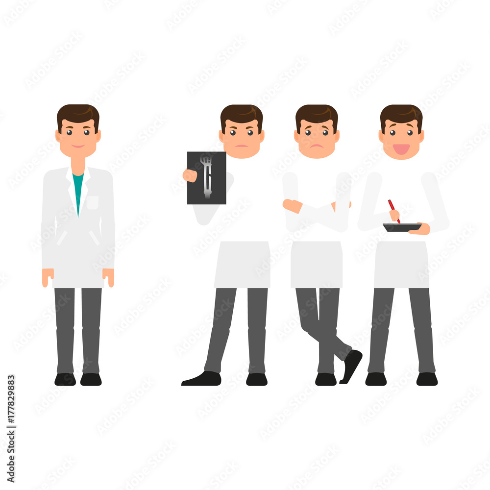 vecotr flat cartoon male young doctor character in white medical clothing, gown creation set. Isolated illustration on a white background. Different views, emotions, gestures