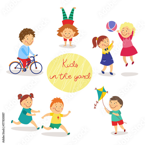Kids, children in the yard playing tag and ball, flying kite, cycling, doing handstand, flat cartoon vector illustration isolated on white background. Kids, boys and girls, playing in yard, playground