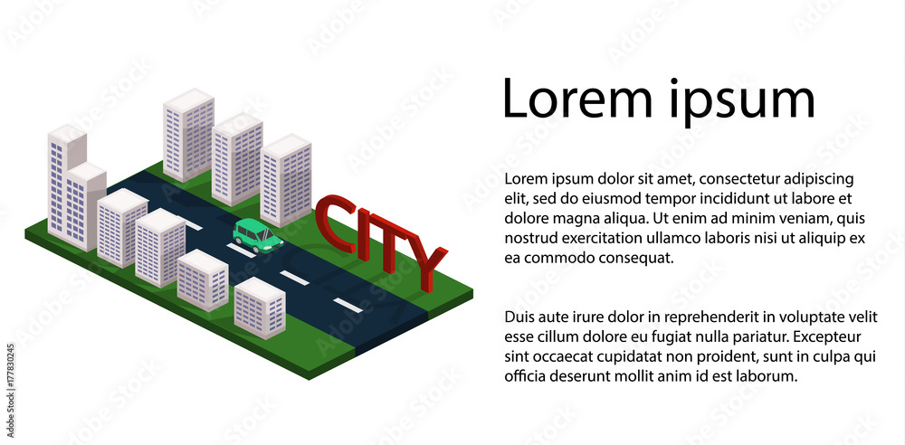 Isometric 3D vector illustration buildings, car on the map with the road.