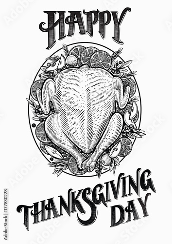 Turkey hand drawn vector illustration. Happy Thanksgiving day card.