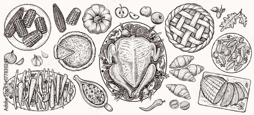 Thanksgiving dinner, top view. Food vector realistic illustrations.