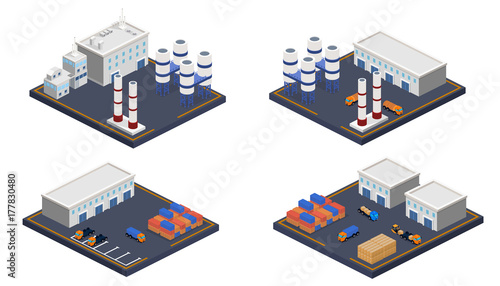 Isometric 3D vector illustration set of Oil plant and warehouse