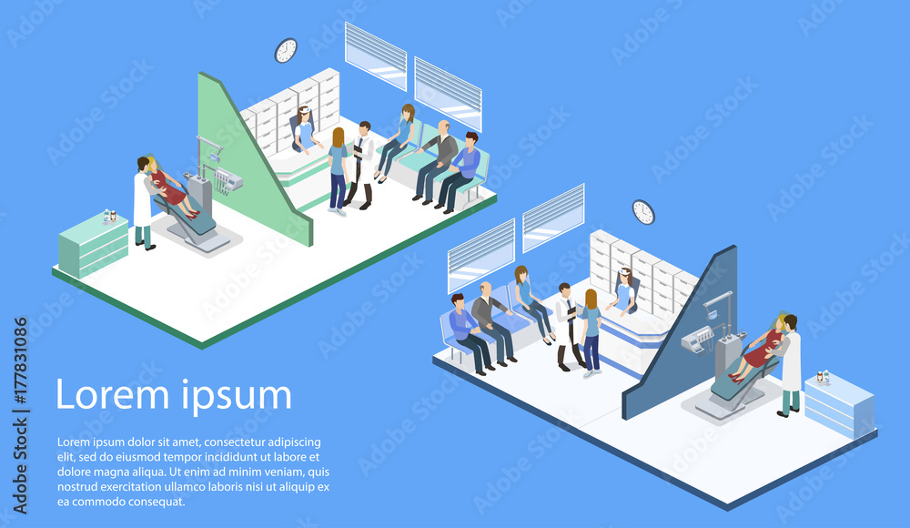 Isometric 3D vector illustration set people are enrolled to see a dentist.
