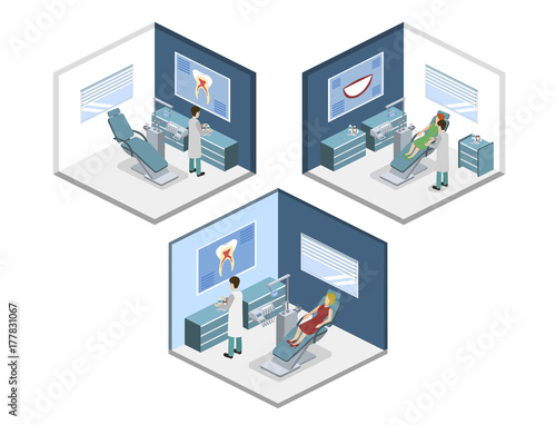 Isometric 3D vector illustration set people are enrolled to see a dentist. © cathal_shtadler