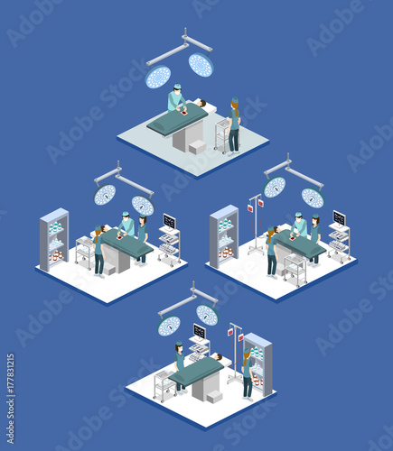 Isometric 3D vector illustration surgeon operates on the patient
