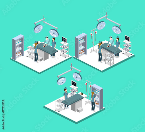 Isometric 3D vector illustration surgeon operates on the patient