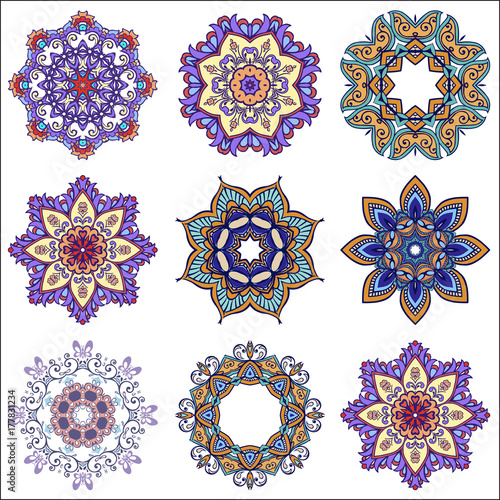 Set of colorful mandalas. Ornamental round floral pattern. Vector splendid mandala in blue