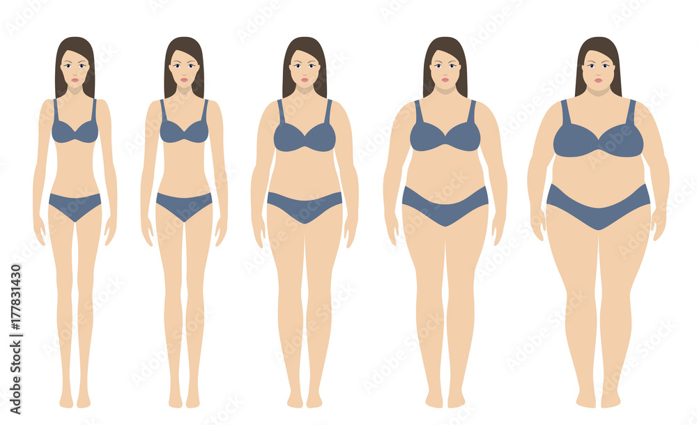 Body mass index vector illustration from underweight to extremly obese. Woman silhouettes with different obesity degrees. Weight loss concept. Body mass index vector illustration from underweight to extremly obese. Woman silhouettes with different obesity degrees. Weight loss concept.